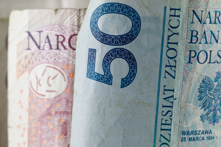 Polish money. Polish zloty banknotes placed next to each other can be used as illustrations for many various financial issues. PLN currency.の写真素材