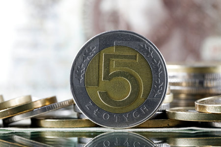 These are Polish zloty coins, with Polish paper money in the background. This image provides illustrations for many various financial matters. PLN currencyの写真素材