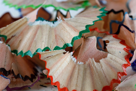 A pile of wooden shavings from sharpening colored pencils can now simply be used as a creative background.の写真素材