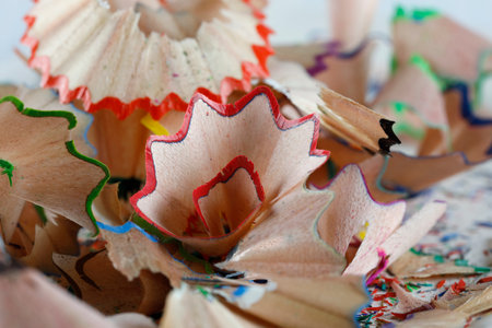 A pile of wooden shavings from sharpening colored pencils can now simply be used as a creative background.の写真素材