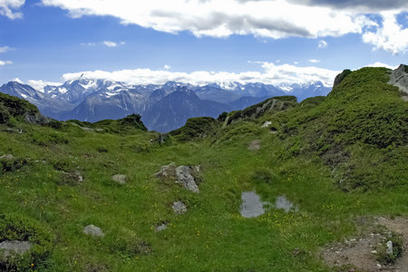 The landscape of the mountains surrounding the Great Aletsch Glacier in the Bernese Alps on a sunny summer's day in Switzerland, as seen in July 2005.の写真素材