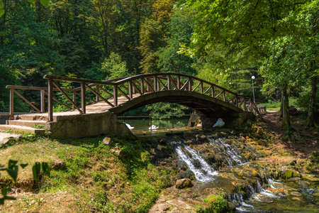 Sarajevo   Bosnia and Herzegovina - 10.07.2021: Ilidza Vrelo Bosne nature green park in Sarajevo with water and ducks and swansのeditorial素材