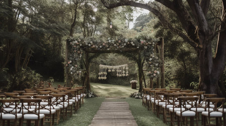 wedding arch in the forest with white chairs and tablecloth - AI Generatedの素材