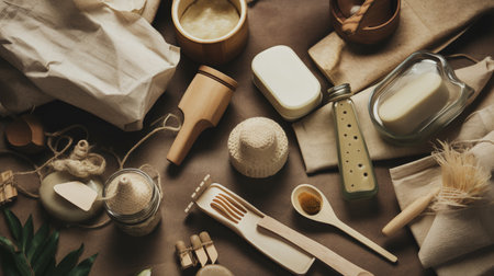 Zero waste bathroom accessories and natural cosmetics on brown background, top view AI GENERATEDの素材