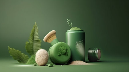 Organic cosmetics with green powder. 3D illustration. Green background. AI GENERATEDの素材
