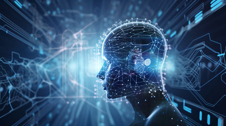 Digital brain interface over blue background 3D rendering toned image double exposure AI Generatedの素材