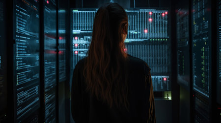 Rear view of female programmer looking at server room with binary code AI Generatedの素材