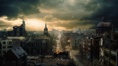 Panoramic view of the city destroyed by an earthquake. Collage.AI GENERATEDの素材