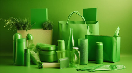 Shopping bags, cosmetics and products on green background. Shopping concept AI GENERATEDの素材