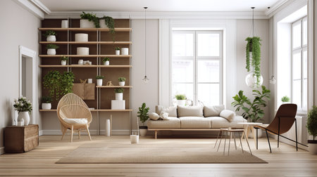 Interior of modern living room with wooden floor and white sofa 3D rendering AI GENERATEDの素材