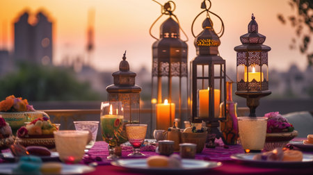 Festive Ramadan decor table iftar breaking fast with traditional food and decoration - Generative Ai - Ai Generatedの素材