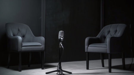 Podcast and Interview Setup: Two Chairs and a Microphone Ai Generated - Genrative Aiの素材