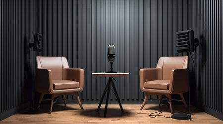 Podcast and Interview Setup: Two Chairs and a Microphone Ai Generated - Genrative Aiの素材
