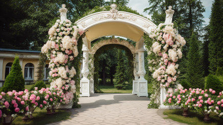 Beautiful Wedding arch decorated with flowers in green luxury garden - Ai Generatedの素材