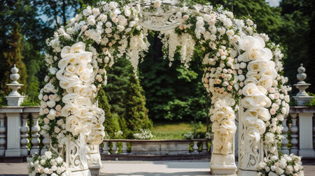 Beautiful Wedding arch decorated with flowers in green luxury garden - Ai Generatedの素材