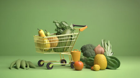 Sustainable Grocery Shopping Cart with healthy food fresh vegetables  - Ai generatedの素材