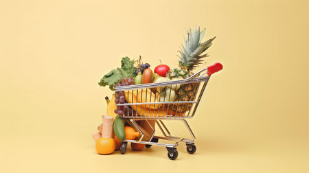 Sustainable Grocery Shopping Cart with healthy food fresh vegetables  - Ai generatedの素材