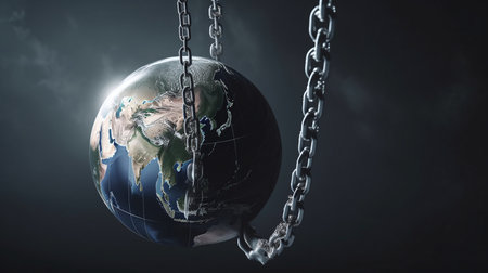 Earth planet on chain as symbol of global ruling the world, controled, new world order. 3D rendering Ai generatedの素材
