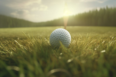 Golf ball in hole on green grass at golf course background.の素材