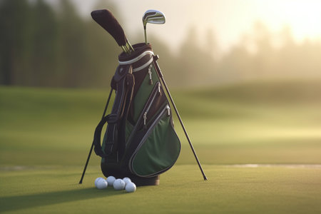 golf bag and golf club on green grass at beautiful golf course - Ai Generatedの素材