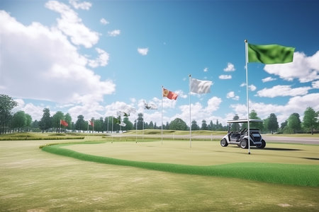 golf bag and golf club on green grass at beautiful golf course - Ai Generatedの素材