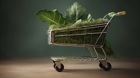 Sustainable Grocery Shopping Cart with healthy organic food - Ai generatedの素材