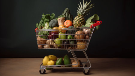 Sustainable Grocery Shopping Cart with healthy organic food - Ai generatedの素材