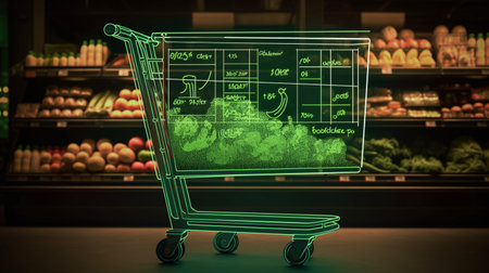Grocery Shopping Cart with healthy organic food , counting calories , diet plan - Ai generatedの素材