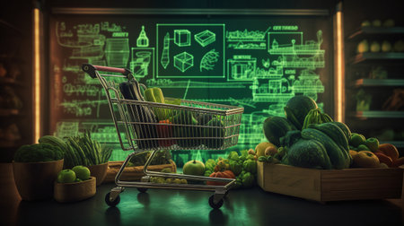 Grocery Shopping Cart with healthy organic food , counting calories , diet plan - Ai generatedの素材