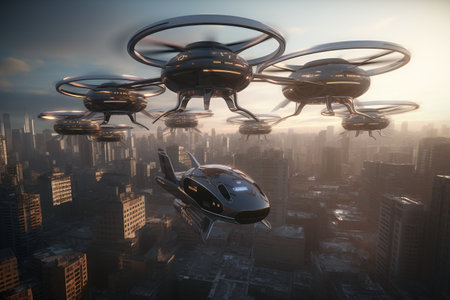 Green Transportation Solutions futuristic autonomous flying vehicles cars - Ai Generatedの素材