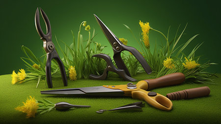 Spring season Maintaining Lawn: Essential Tools and Equipment for Spring Season - Ai Generatedの素材