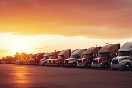 A row of semi trucks at the parking lot the transportation and logistics industry  - Ai Generatedの素材