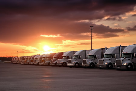 A row of semi trucks at the parking lot the transportation and logistics industry  - Ai Generatedの素材