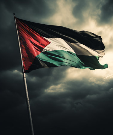 Palestine National Flag ai generated on Dark Dramatic Sky Backgroundの素材