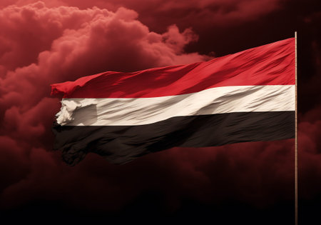 National flag of Yemen waving in the wind with dark smoke isolated on blackの素材