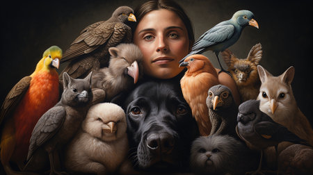 Beautiful young woman with exotic birds on the background. Beauty, fashion.の素材