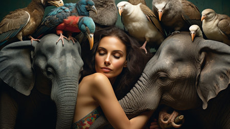 Beautiful young woman with exotic birds on the background. Beauty, fashion.の素材