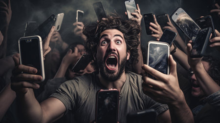 man trying to escape mobile phone societyの素材
