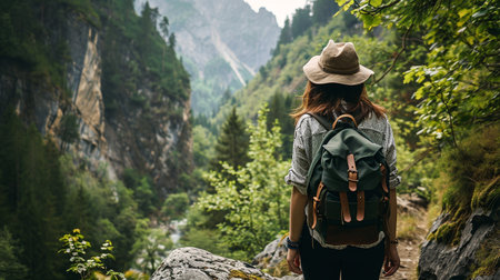 Hiker with backpack on wooden bridge in foggy mountains.の素材