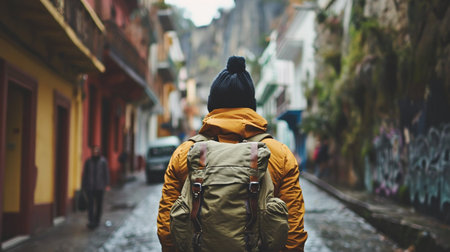 Hiker with backpack on wooden bridge in foggy mountains.の素材