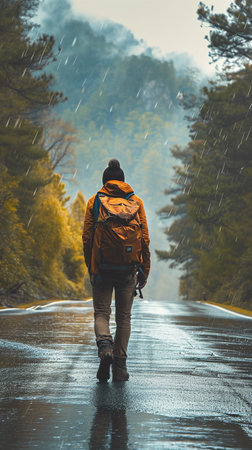 Hiker with backpack on wooden bridge in foggy mountains.の素材