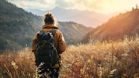 Hiker with backpack on wooden bridge in foggy mountains.の素材