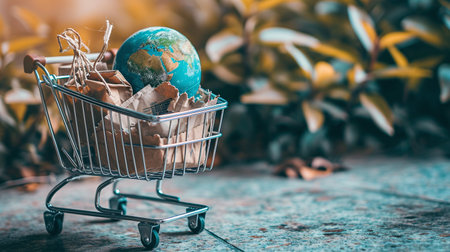 Miniature globe in the shopping cart on the background of the forest eco sustainmabilityの素材
