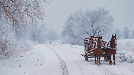 Horses in the winter forest. Carriage with horses in winter forest.の素材