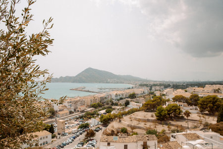 Scenic coastal city view with harbor, hillside, trees, and distant mountains under cloudy skyの写真素材