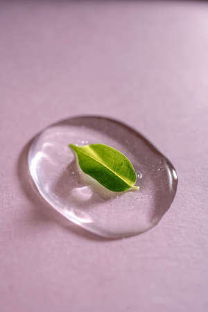A drop of transparent cosmetic gel on a pink backgroundの写真素材