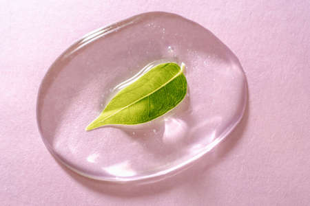 A drop of transparent cosmetic gel on a pink backgroundの写真素材
