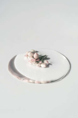A drop of cosmetic gel with flower on a white background.の写真素材