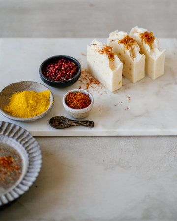Natural soap lies on the marble surface.