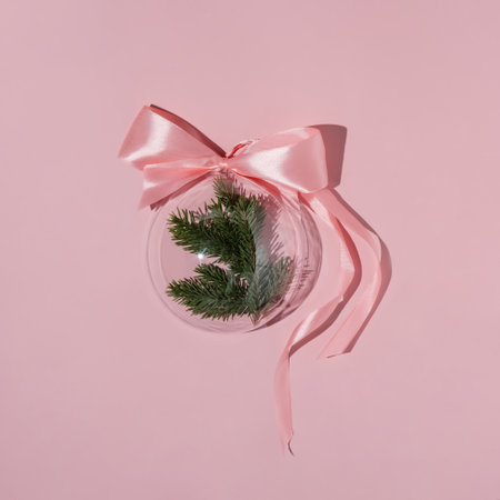 A balloon with a Christmas branch on a pink background.の写真素材